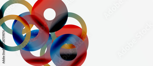Abstract composition featuring overlapping colorful circles. Shapes create dynamic visual interest, modern aesthetic. Simple background enhances vibrant hues.