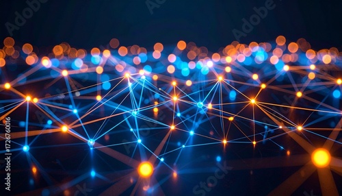 3D network structure with connected blue and orange neon nodes on a dark background