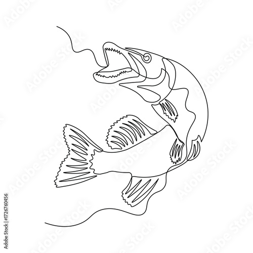 Jumping Pike Fish in One Continuous Line. Minimalist Freshwater Predator Illustration