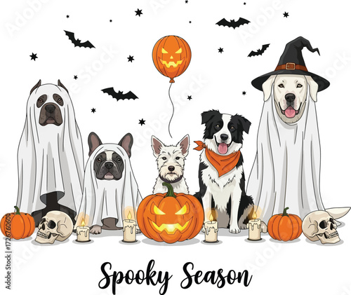 Cute cartoon dogs like a retriever and bulldog celebrate a spooky Halloween in ghost and witch costumes. A fun vector illustration with pumpkins and bats, isolated on transparent background for POD