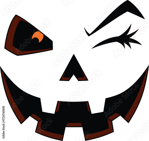 Mischievous winking jack-o'-lantern face, a spooky and fun Halloween cartoon character illustration zgfhjk78.eps for custom POD merchandise, isolated on transparent background