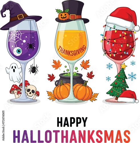 A festive Hallothanksmas celebration concept with cartoon glasses for Halloween, Thanksgiving, and Christmas, a unique holiday graphic vector design isolated on transparent background, POD ready