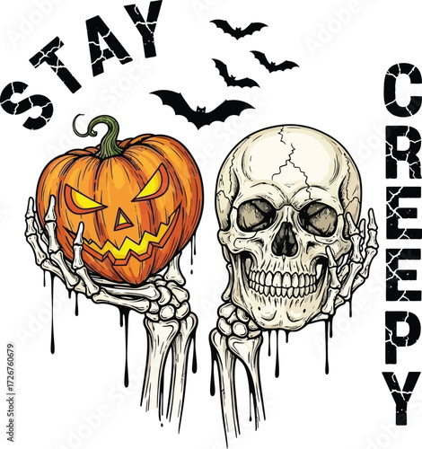 Halloween spooky design with a carved pumpkin in one skeleton hand and a human skull in the other, accompanied by bats and the phrase \"STAY CREEPY\" for a scary and festive holiday celebration