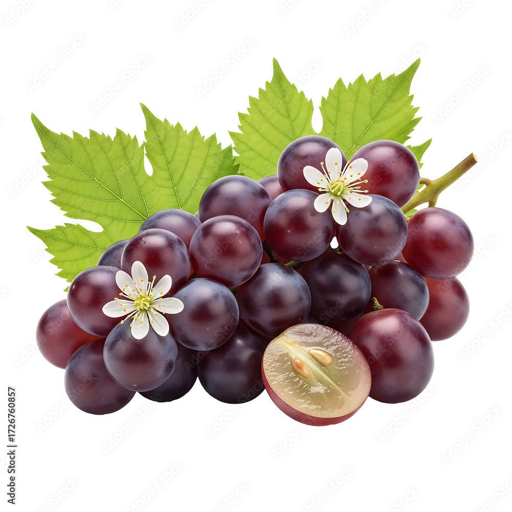 Fototapeta premium Fresh ripe red grapes with green leaves and delicate white flowers isolated