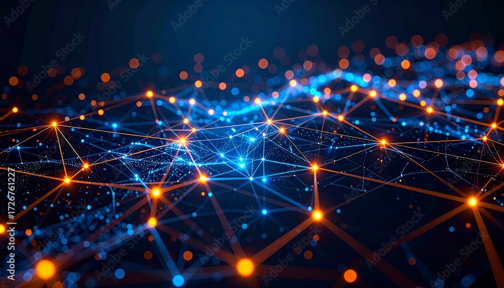 Fototapeta premium 3D network structure with connected blue and orange neon nodes on a dark background