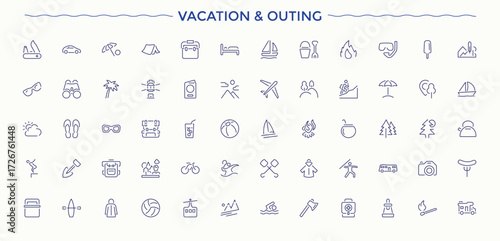 Vacation and Outing icon set. Contain linear symbols camp, tent, hiking, tourism, Outing, camping, kayak, tour and more. Minimalist vector collections. Editable stroke. Tourism icon set.