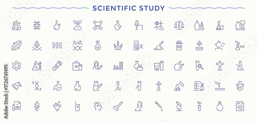Scientific Study vector icon set. Contains such symbols as test, laboratory, analysis, scientific, scientist. Vector artwork and illustration. Chemistry icon set.