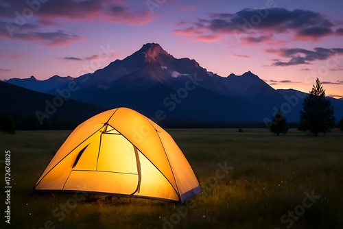 Wallpaper Mural Camping Tent on Open Field at Sunset Near Mountain Range Torontodigital.ca
