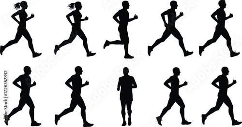 Running silhouettes, athlete motion, stride phases, human biomechanics, sports training, black vector, fitness pose, illustration set