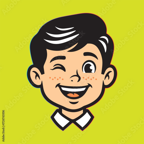 Stylized vector cartoon headshot of an optimistic boy with black hair and freckles, one eye winks while the mouth is wide open in a happy smile