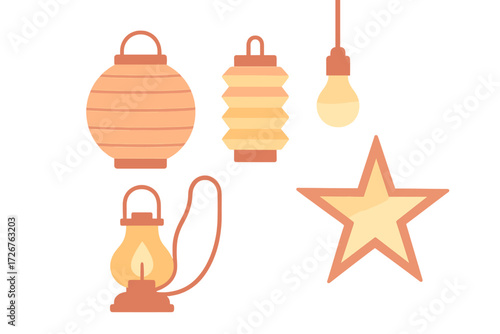 Decorative lighting elements and a star shape including round paper lanterns, an accordion lantern, a vintage oil lamp, and a modern light bulb