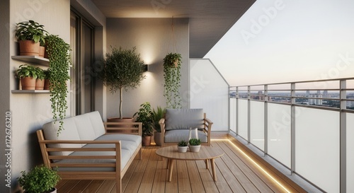 Balcony design with wooden furniture and various plants offering a relaxing outdoor space