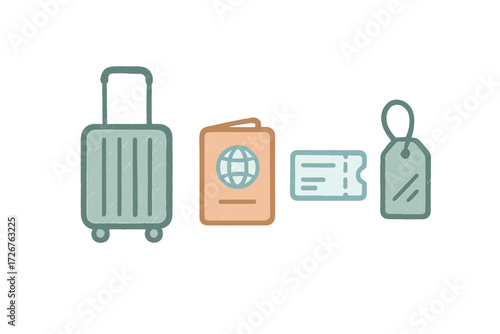 Travel essentials for vacation or business trip including suitcase, passport, boarding pass, and luggage tag