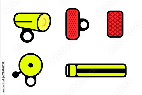 Essential bicycle accessories collection featuring headlight, taillight, bell, and pump for urban and outdoor cycling safety and maintenance
