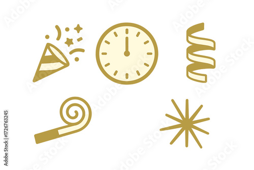 Festive New Year's Eve celebration featuring party popper, midnight clock, curled streamer, and party horn