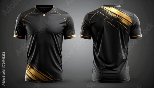 Elegant Black and Gold Soccer Jersey Design: Front and Back Views, Sleek Black Jersey with Dynamic Gold Brushstroke Detailing
