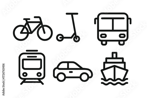 Outline icons of diverse transportation modes featuring bicycle scooter bus train car and ship for travel and urban mobility concepts