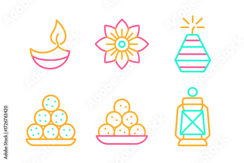 Vibrant collection of Diwali festival celebration elements featuring traditional lamp flower firecracker sweets and lantern