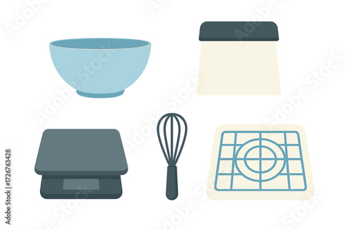 Set of kitchen baking tools including a mixing bowl, scale, whisk, dough scraper, and baking mat