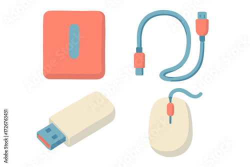 Essential computer peripherals including a wired mouse, USB data cable, portable flash drive, and power button icon