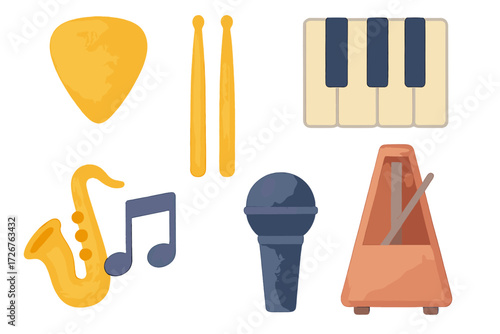 Collection of diverse musical instruments and accessories including saxophone, piano keys, drumsticks, microphone, and metronome