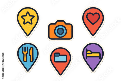 Free Download Colorful map pin symbols for navigation and location, featuring star, heart, restaurant, folder, hotel, and camera markers - GFXLoad