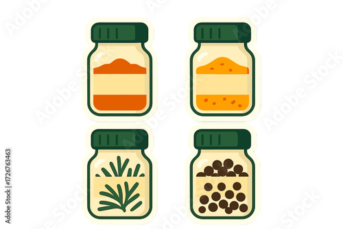 Assortment of common cooking spices and dried herbs in glass jars with green lids for kitchen preparation