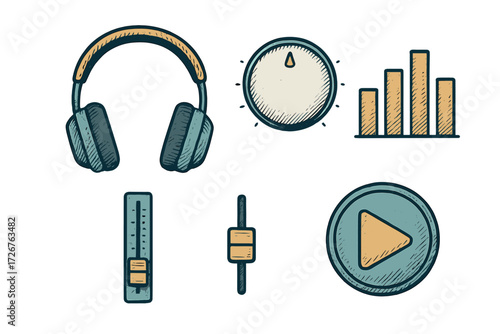 Set of vintage style audio interface controls featuring headphones, volume knob, sound faders, and equalizer bars