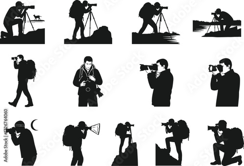 Photographer silhouettes, camera poses, tripod scenes, outdoor photography, action shots, night photo, hiking, creative illustration set