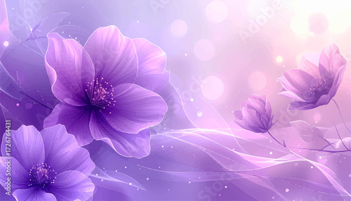 Gentle lavender flowers in soft light haze. Purple floral design with glowing atmosphere. Dreamy purple petals. Soft lavender flowers with glowing background. Ethereal purple blossoms glowing softly