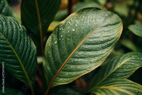 Wallpaper Mural Exotic Tropical Green Leaves Close-Up with Rain Drops
 Torontodigital.ca