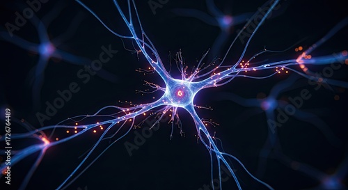 Close-up view of a glowing blue neuron with electrical impulses, representing the human nervous system and brain activity.