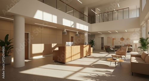Modern Office Lobby with Warm Sunlight and Geometric Shadows.