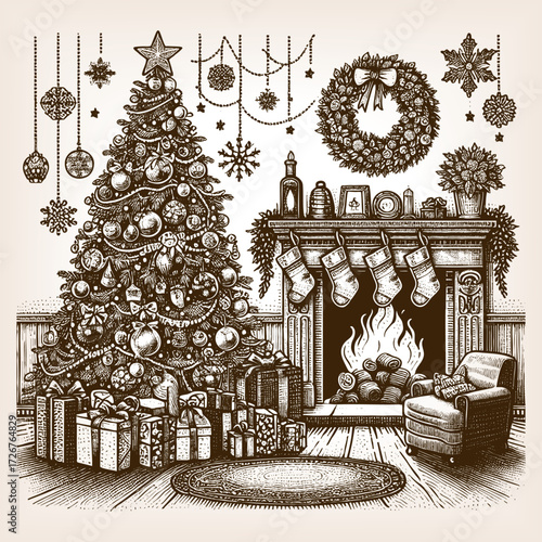 decorated Christmas tree beside a fireplace with stockings, garlands, and wrapped presents in a cozy room sketch engraving generative ai vector illustration. Scratch board. Black and white image.