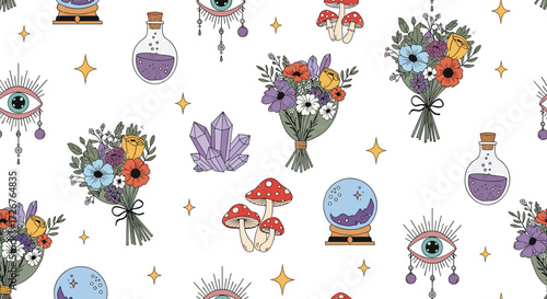 A whimsical pattern featuring mystical elements like crystals potions and floral bouquets.