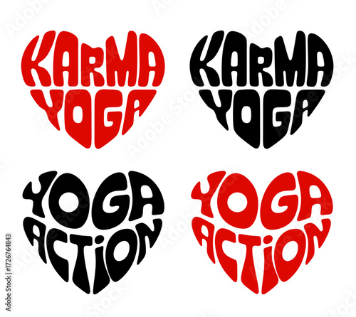 Heart-shaped sticker set in colorful and black design promoting Karma yoga or Yoga of Action. Practice of selfless service and work without attachment to results