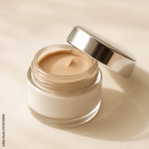 Wallpaper Mural Light Beige Cosmetic Foundation in White Jar on Soft Background Torontodigital.ca