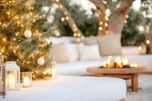 Cozy outdoor christmas setting with lit tree and lanterns by a warm fire pit