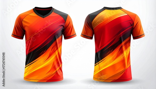 Front and back view of a vibrant v-neck sports jersey with dynamic flame-like pattern, Eye-catching sports uniform showcasing a bold orange, red, and black abstract design
