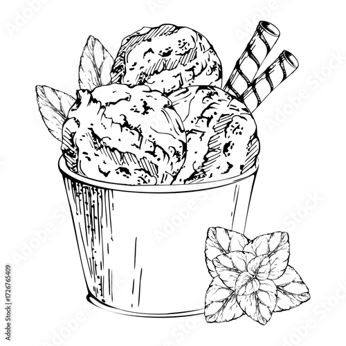 Sorbet gelato ice cream scoops served with rolled wafer sticks and mint leaves in plastic cup. Vector graphic illustration hand drawn in pen and ink. Foodie art, cafe branding, frozen treat signage