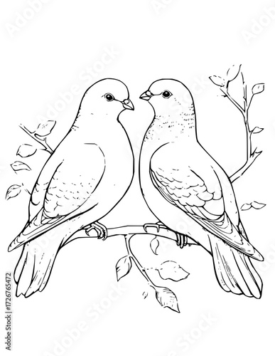 Elegant doves perched on a leafy branch, a serene illustration perfect for wedding invitations, peaceful designs, or symbolic art projects, originally a vector