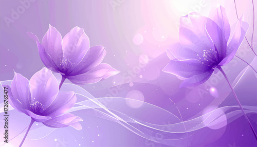 Soft purple flower art for home decor. Elegant abstract floral design background. Dreamy purple flower blooms in abstract style. Modern purple flowers with soft gradient. Serene floral digital artwork