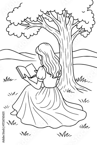 Girl reading a book under a shady tree enjoying nature's tranquility, perfect for mindful moments and relaxation coloring pages for kids and adults