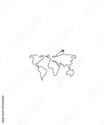 Global travel concept with airplane flying over world map outline, perfect for tourism marketing, adventure themes and international business promotions