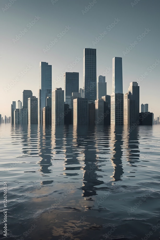 Fototapeta premium professional photograph of a surreal conceptual artwork depicting a flooded city skyline with water rising above half of the skyscrapers and buildings in a vertical 9:16 format featuring clean negativ