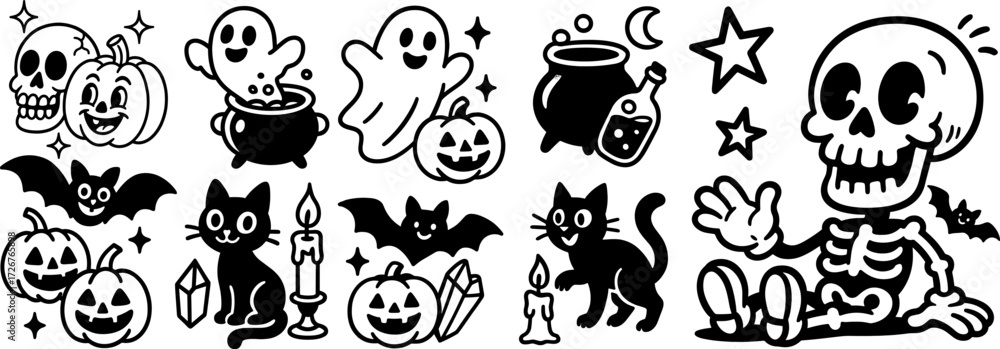 Fototapeta premium Halloween cartoon vector set with ghosts, pumpkins, skeleton, black cats, bats, cauldron, candles, crystals, stars, and potion bottle in black and white style. Creepy cute Halloween doodle design set
