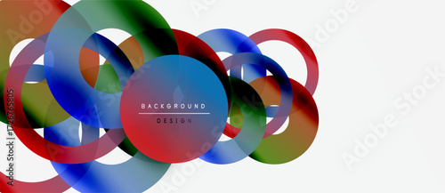 Abstract colorful circles overlap. Dynamic composition creates modern visual effect. White background emphasizes vibrant hues.