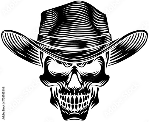 A skull sheriff wearing a cowboy hat illustration in a vintage woodcut style