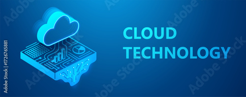 Isometric illustration of cloud computing technology with digital circuit board, data analytics, storage, and network processing concept in blue neon style. Cloud computing technology isometric 