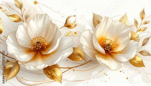 Chic gold, white flowers with delicate accents. Artistic golden floral design with soft white petals. Elegant magnolia flower art with golden. White and gold flower decoration with artistic charm